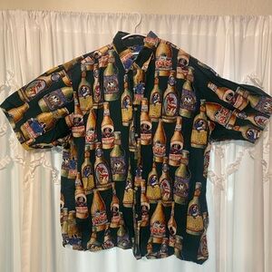 Vintage Big Dogs All Over Beer Bottle Print Button Down Shirt Mens Sz L Hawaiian